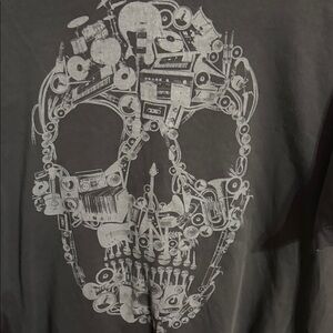 Gray Tee with White Music-Instrument Skull Graphic